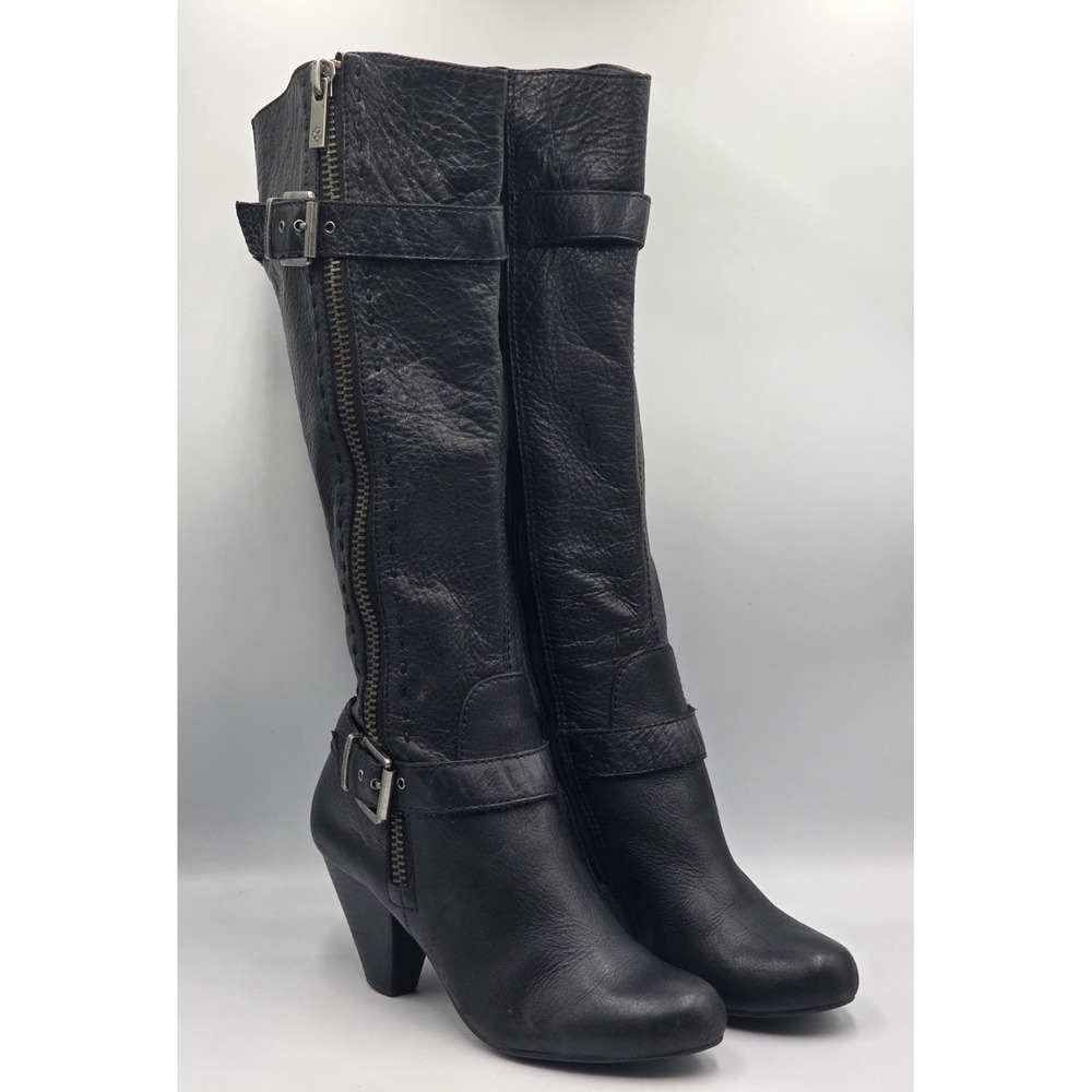 Arturo Chiang Women's Leather Knee High Boots Black Heeled Double Buckle 8M